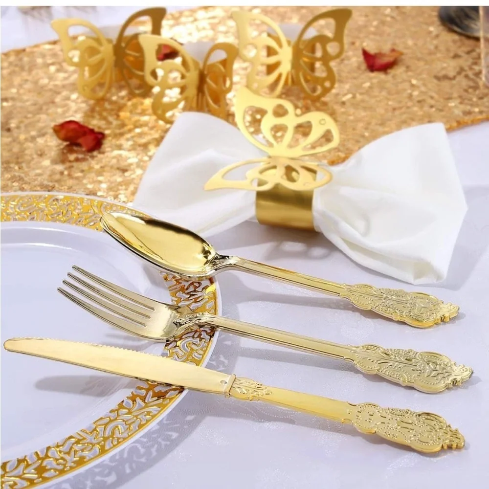 Nervure Disposable Gold Plastic Cutlery for Party set of 50